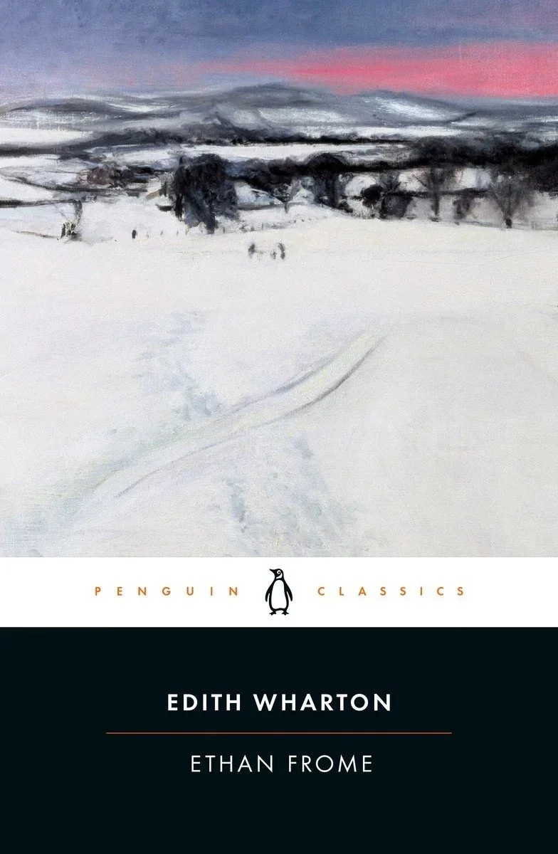 Book cover for Edith Wharton's 'Ethan Frome' published by Penguin Classics, featuring a snowy landscape with a house and distant mountains during sunset.