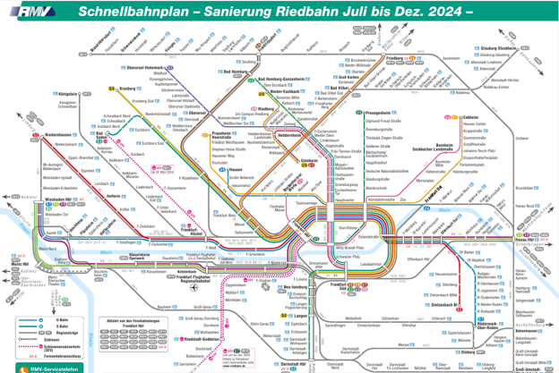 Map of the Frankfurt S-Bahn and U-Bahn transit system in Germany, showing various train lines, stations, and routes.
