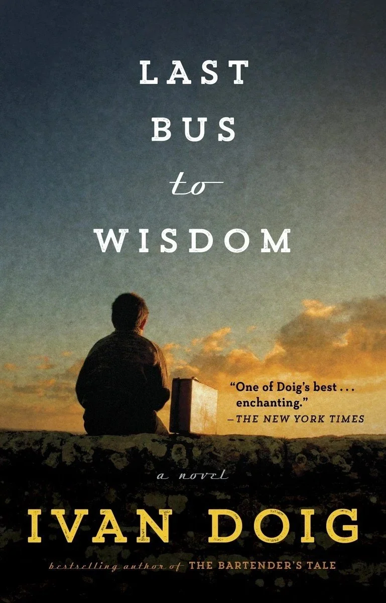 Book cover for 'Last Bus to Wisdom' by Ivan Doig featuring a person sitting on rocks and looking at a sunset sky.