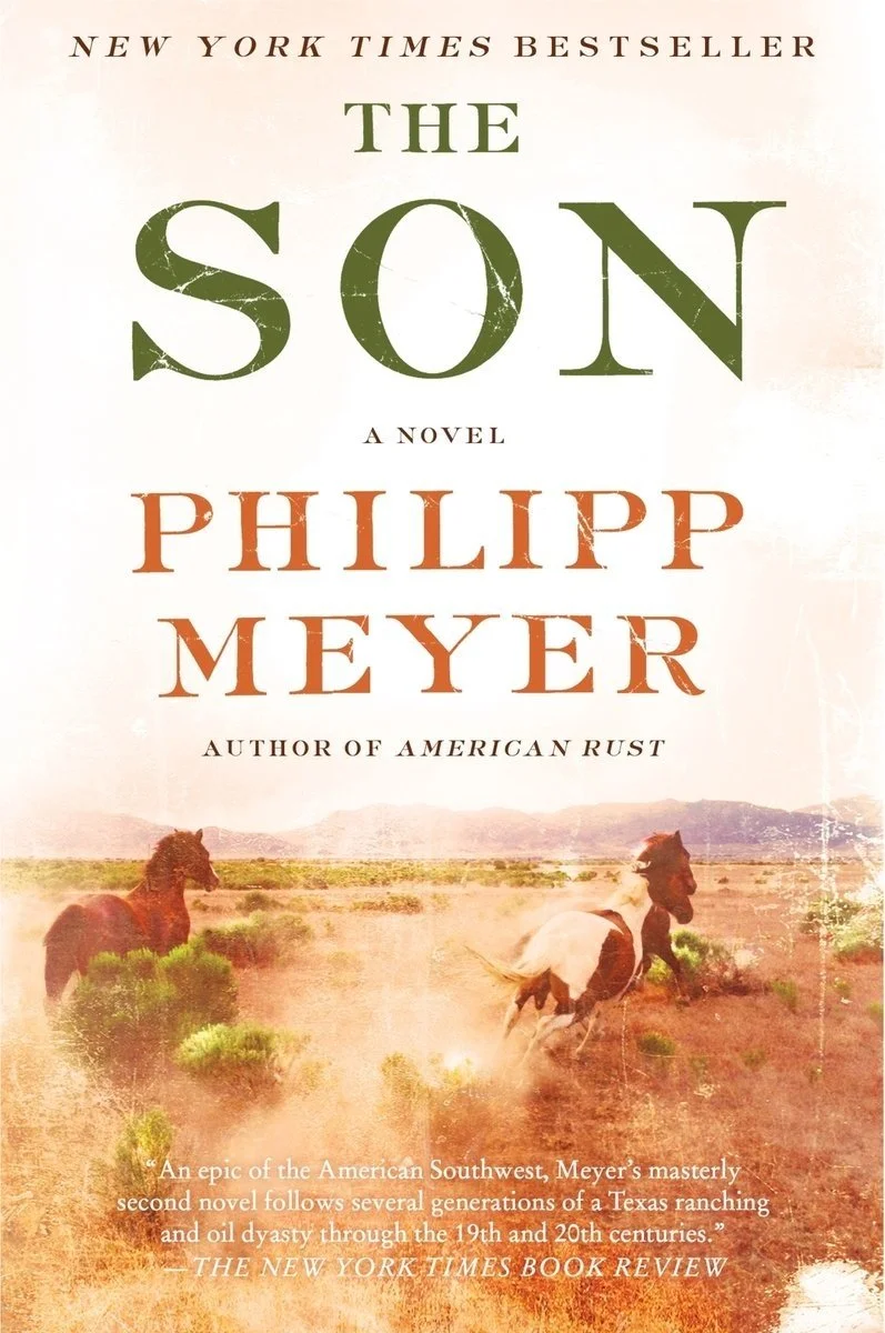 Book cover of 'The Son' by Philipp Meyer with a landscape image of horses running through a dry, desert-like area.