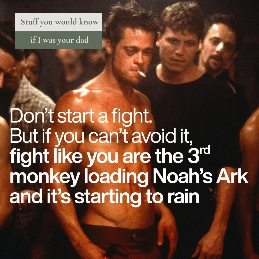 Stuff You Would Know If I Was Your Dad: "Don't start a fight. But if you can't avoid it, fight like you are the 3rd monkey loading Noah's Ark and it's starting to rain."