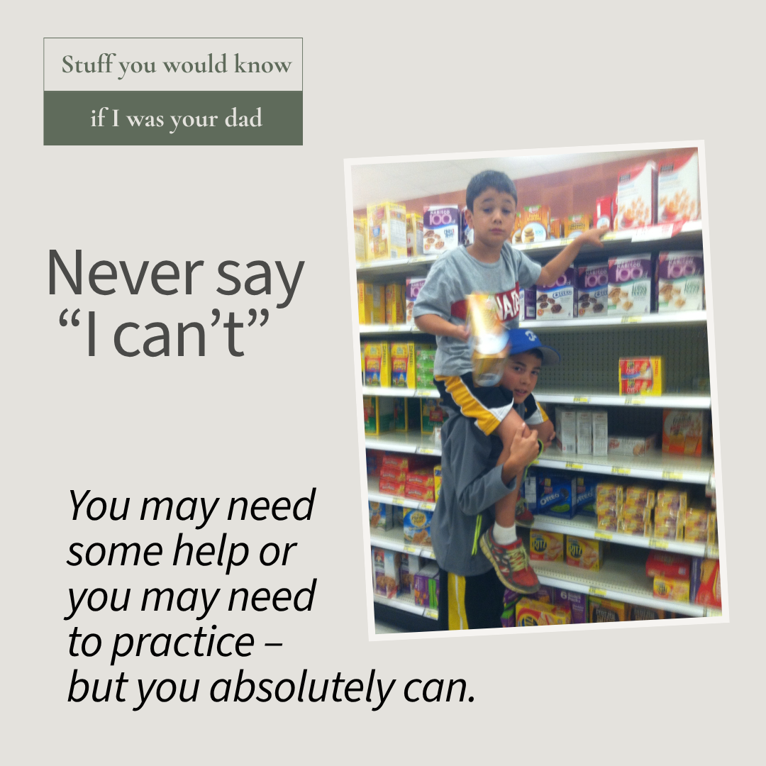 Ben helping his younger brother Isaac reach a box from the top shelf in a grocery store. A lesson about perseverance, teamwork, and finding solutions instead of saying "I can't."