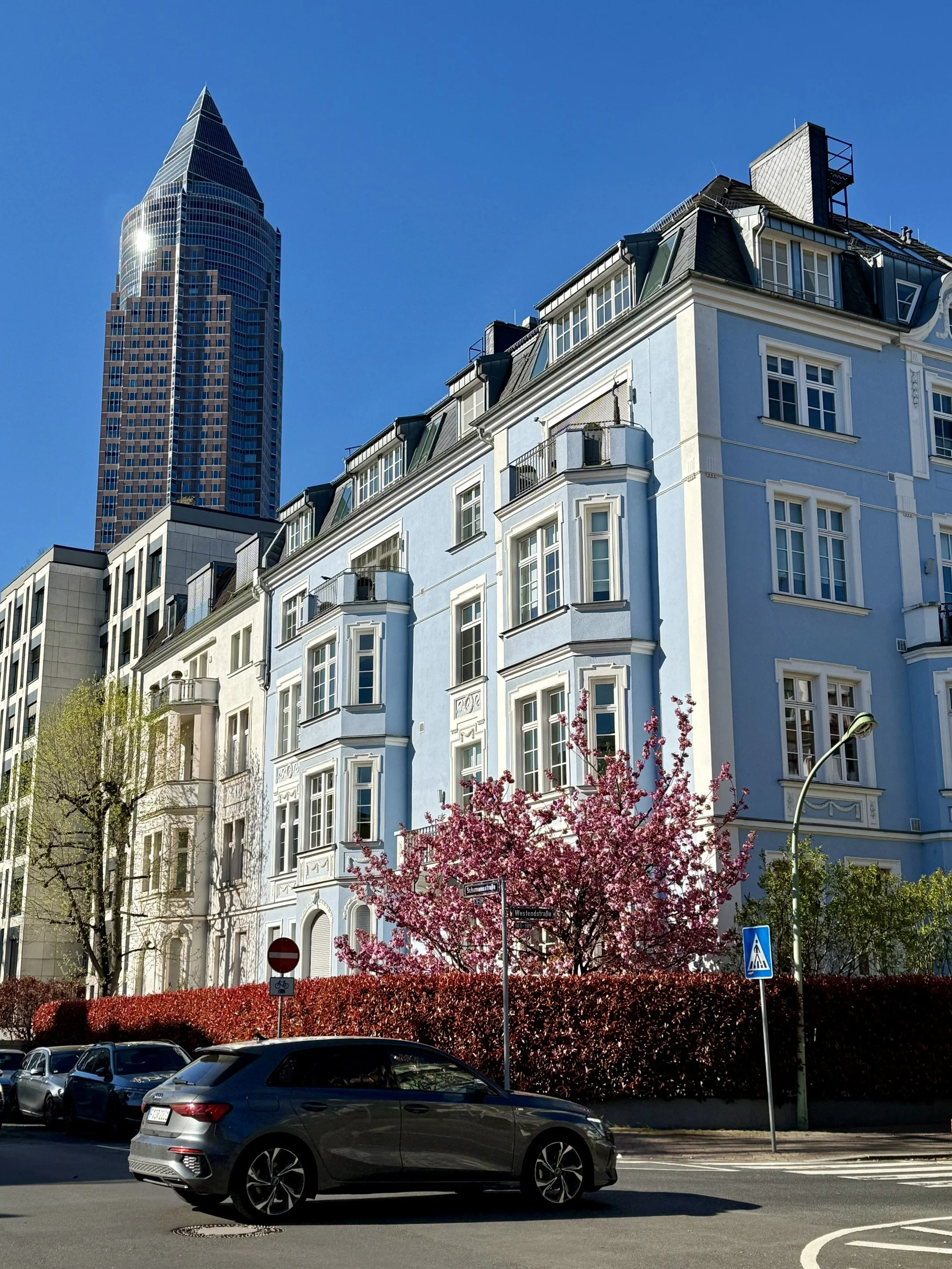Frankfurt Germany city street scene with modern high-rise building in the background, white residential building with many windows, pink flowering tree, red hedge, parked cars, and street signs under a clear blue sky.