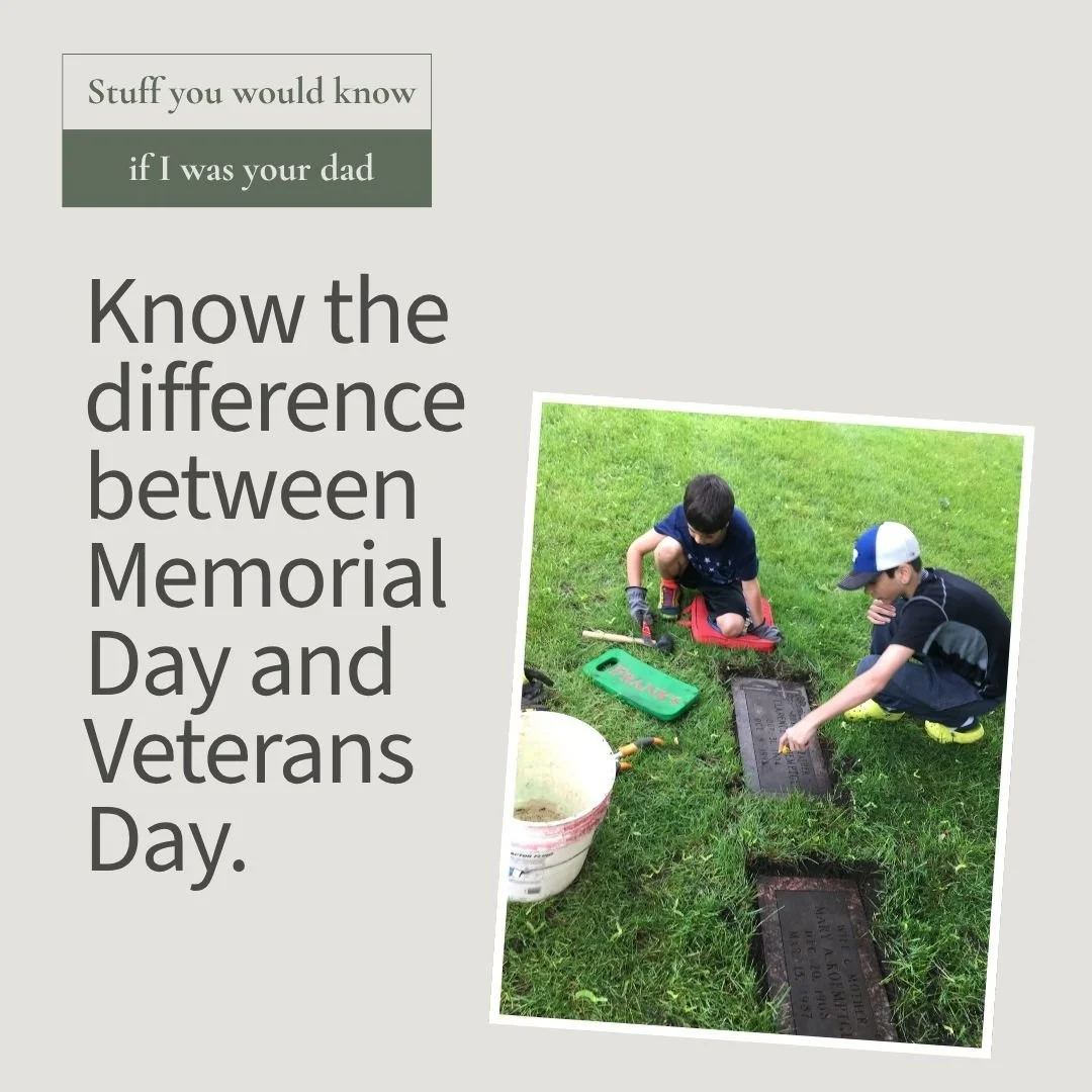 Ben and Isaac cleaning my grandparents' gravestones in preparation for Memorial Day .reinforcing the importance of honoring military service, remembering those who died serving the United States and passing traditions of remembrance to the next gen.