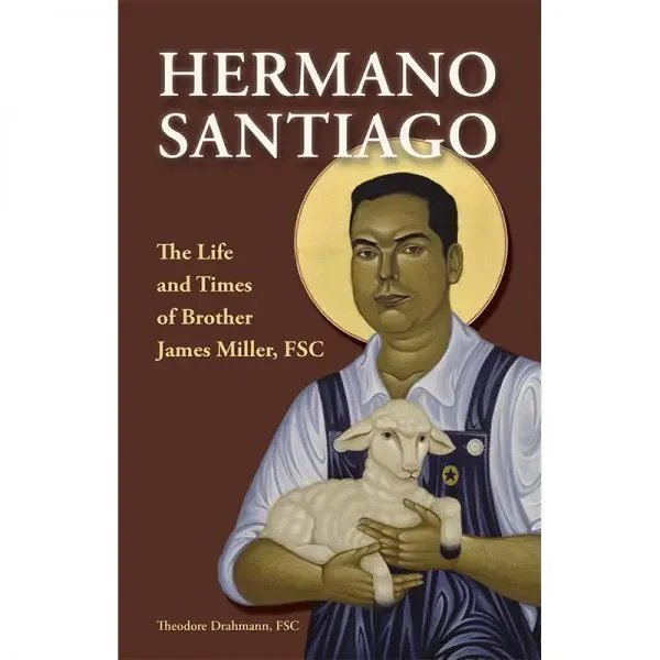 Book cover titled 'Hermano Santiago' featuring an illustration of a man with a halo holding a lamb.