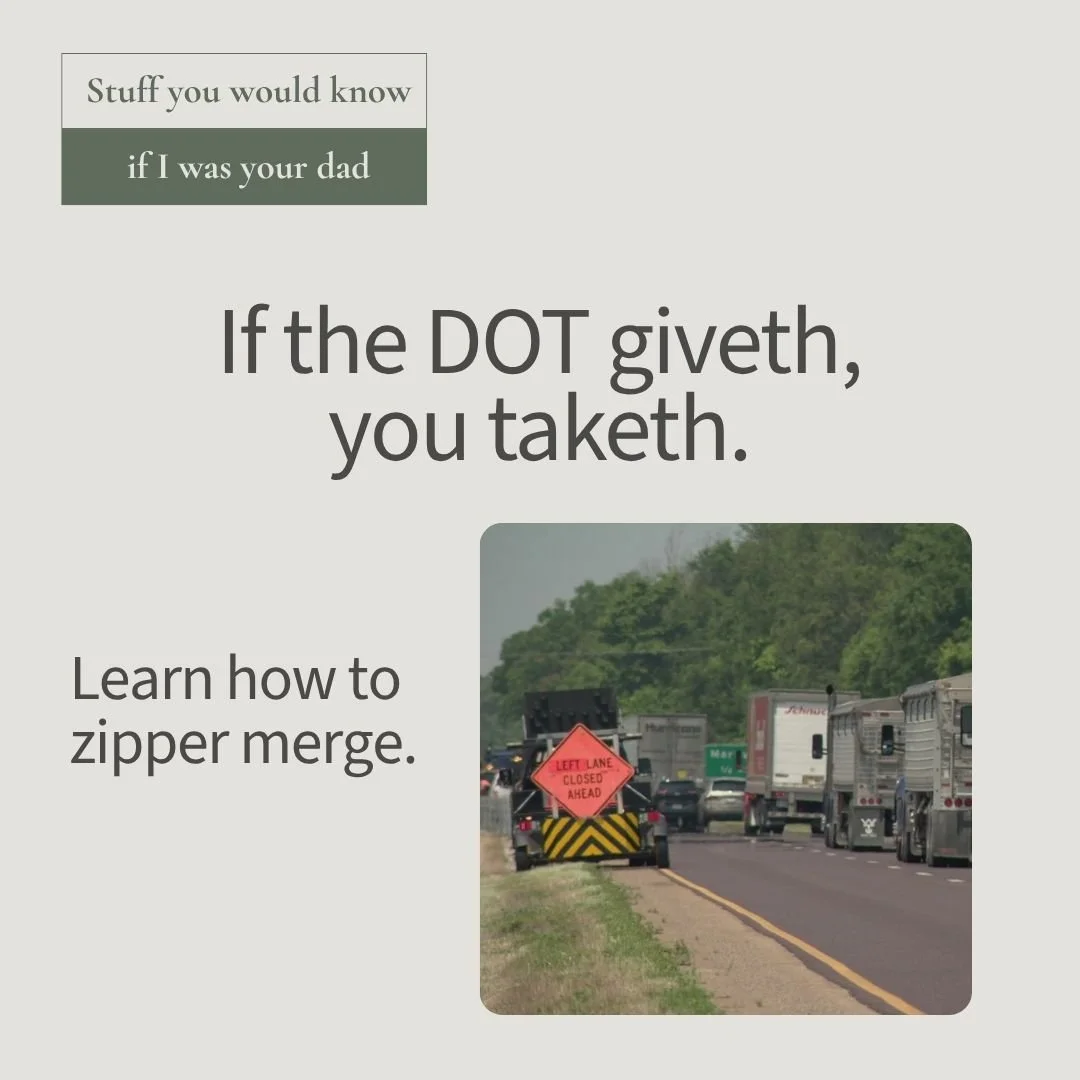 A highway lane closure sign reminding drivers to use both lanes until the merge point before taking turns to merge. Practical advice on driving etiquette, traffic safety, road efficiency, courtesy, and reducing traffic congestion.