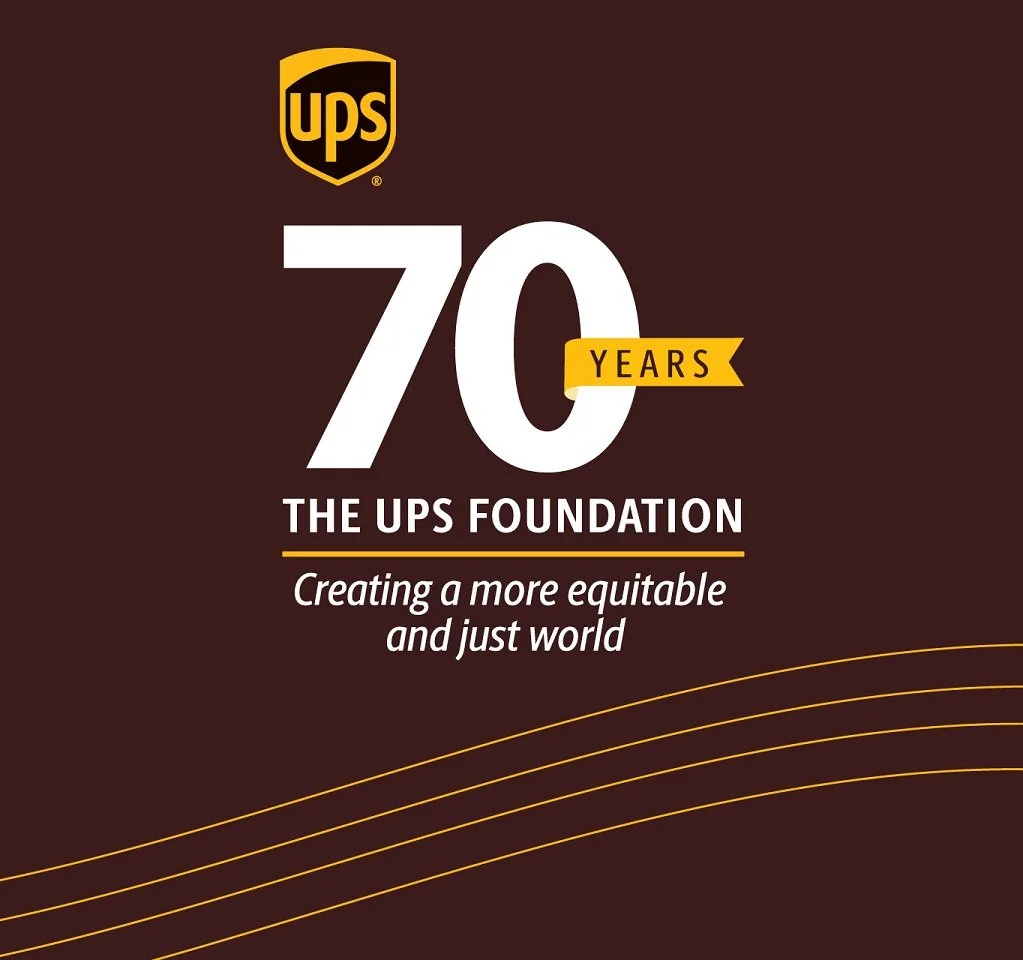 Celebrating 70 years of the UPS Foundation with the slogan, 'Creating a more equitable and just world,' featuring the UPS logo at the top, on a dark background with gold lines.
