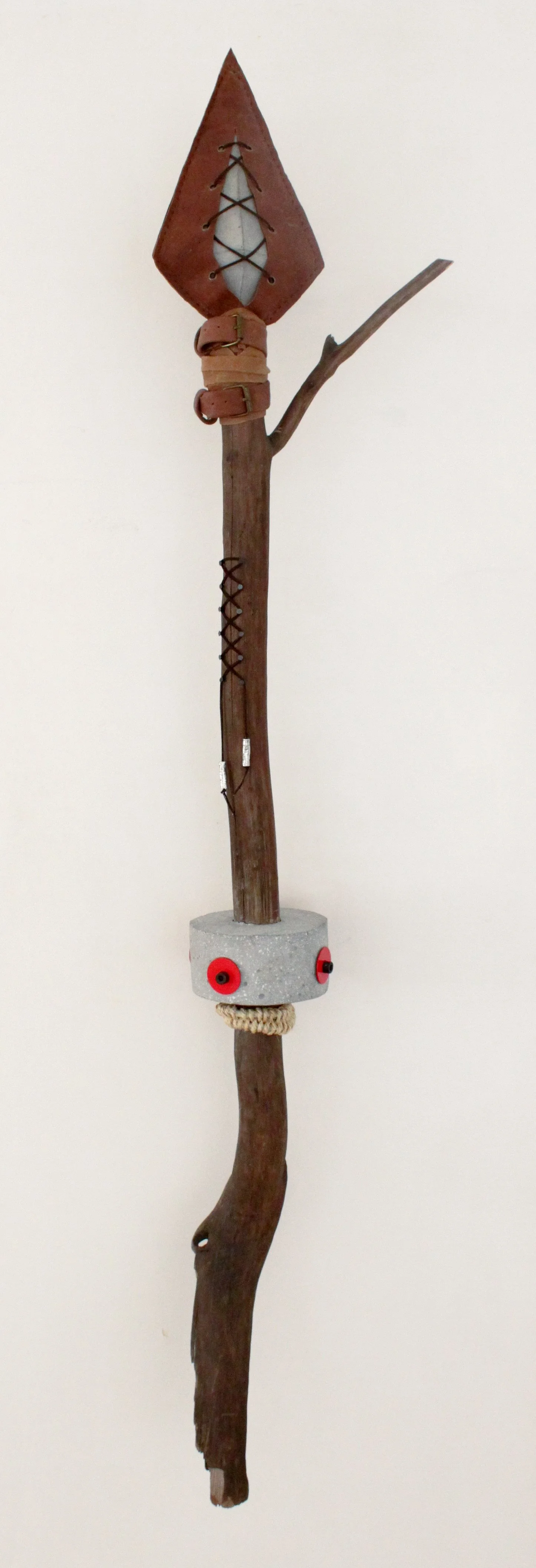 Encircled Body III 2022 wood, wool, leather, found materials 155 × 35 × 25 cm