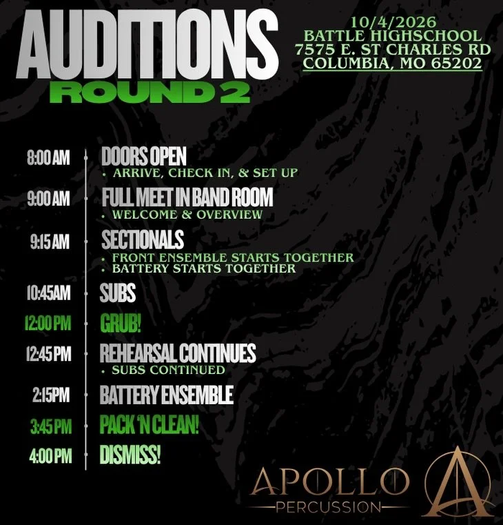 See you for round 2 of auditions this Sunday. If you registered already, check your emails for the itinerary and information about the day!

Registration is still open if you&rsquo;d like to come drum with us! www.apollopercussion.org/perform

Any qu