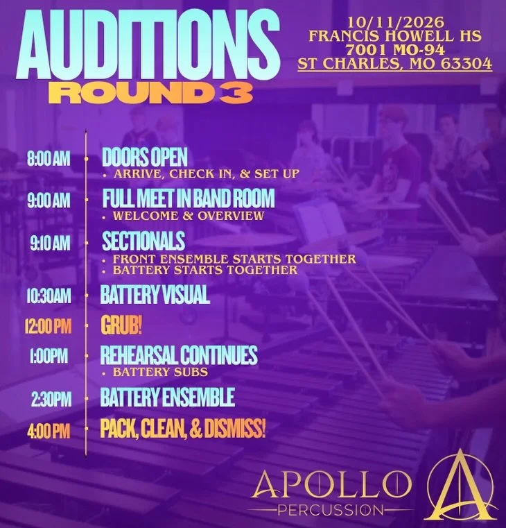 See you this weekend for round three of auditions at Francis Howell HS!

If you missed the first two rounds, that&rsquo;s ok! You&rsquo;re still welcome to join in on the fun :)

www.apollopercussion.org/perform

#band #music #wgi #percussion #drumli