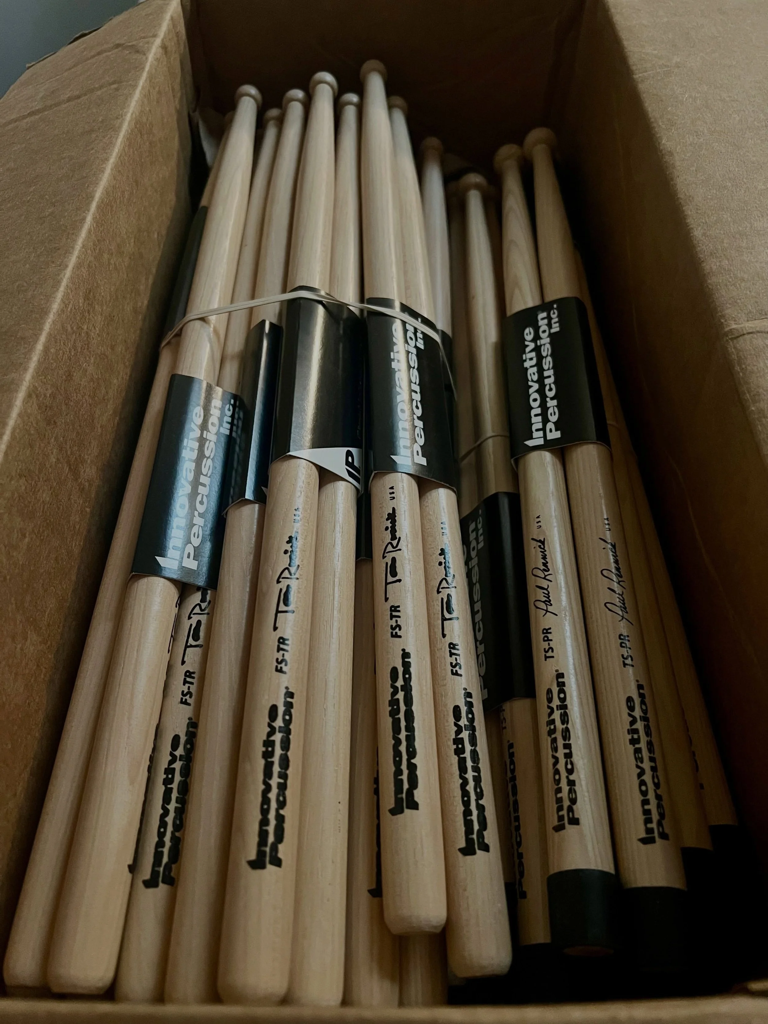 Can&rsquo;t wait to dig into our new gear from @innovativepercussion ! Let&rsquo;s go IP! 🥁 

Thanks to @rj.percussion and @nickodrum for organizing all of this! It&rsquo;s beautifully packaged! 

#drumsticks #mallets #percussion #teamip #weareinnov