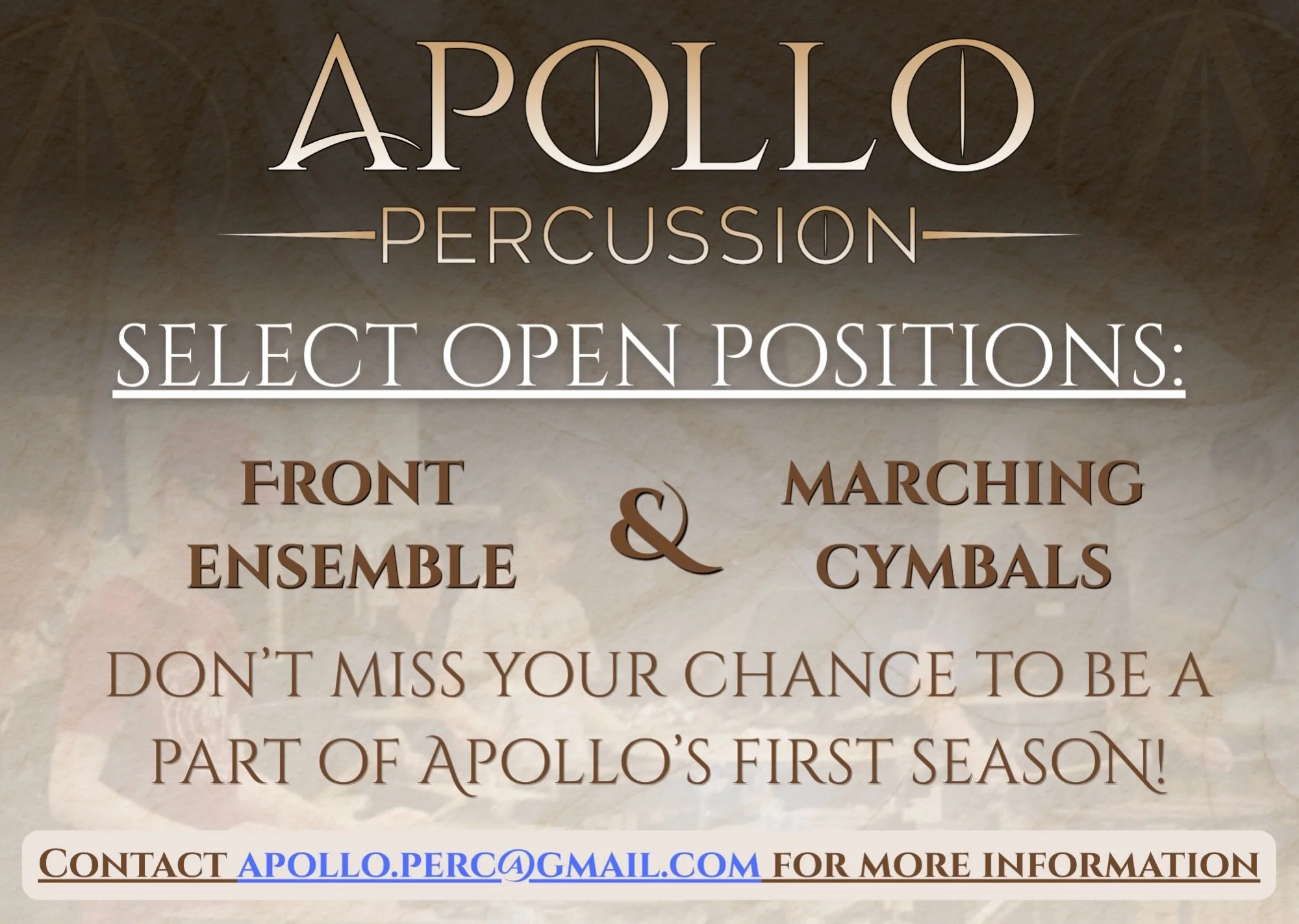 Couldn&rsquo;t make it to auditions? Don&rsquo;t worry! We have a few spots available in our front ensemble and marching cymbal line! 

Please contact apollo.perc@gmail.com for more information. Come see what we&rsquo;re all about! 

#wgi #percussion