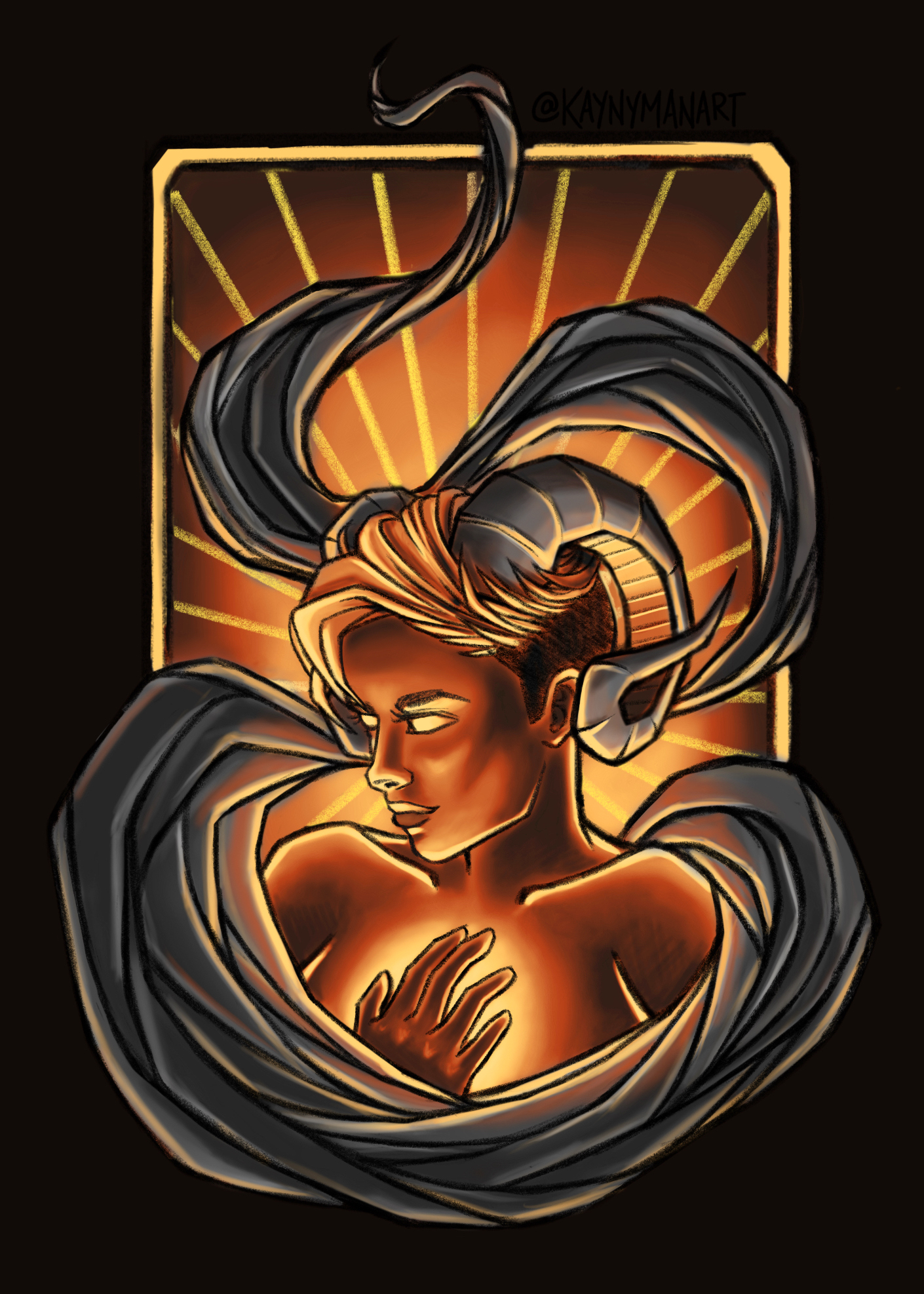 Digital illustration of a woman with closed eyes, embracing herself with her hands, surrounded by swirling dark ribbons and a glowing background with rays.