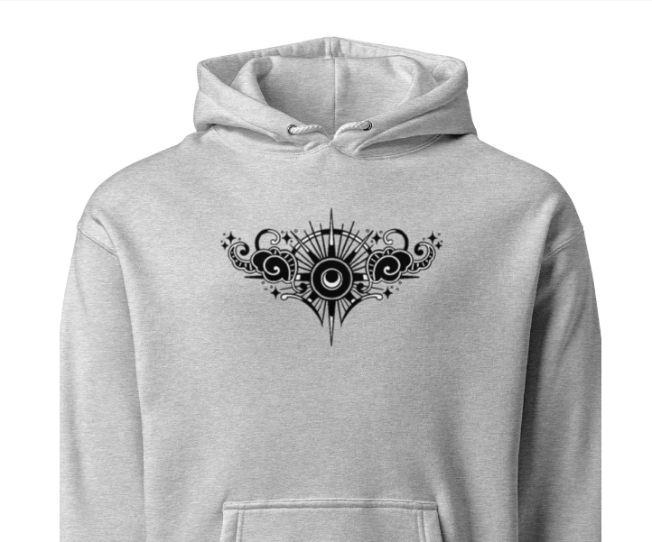 Gray hoodie with a black abstract symmetrical design on the front, featuring a circular element in the center and various decorative elements around it.