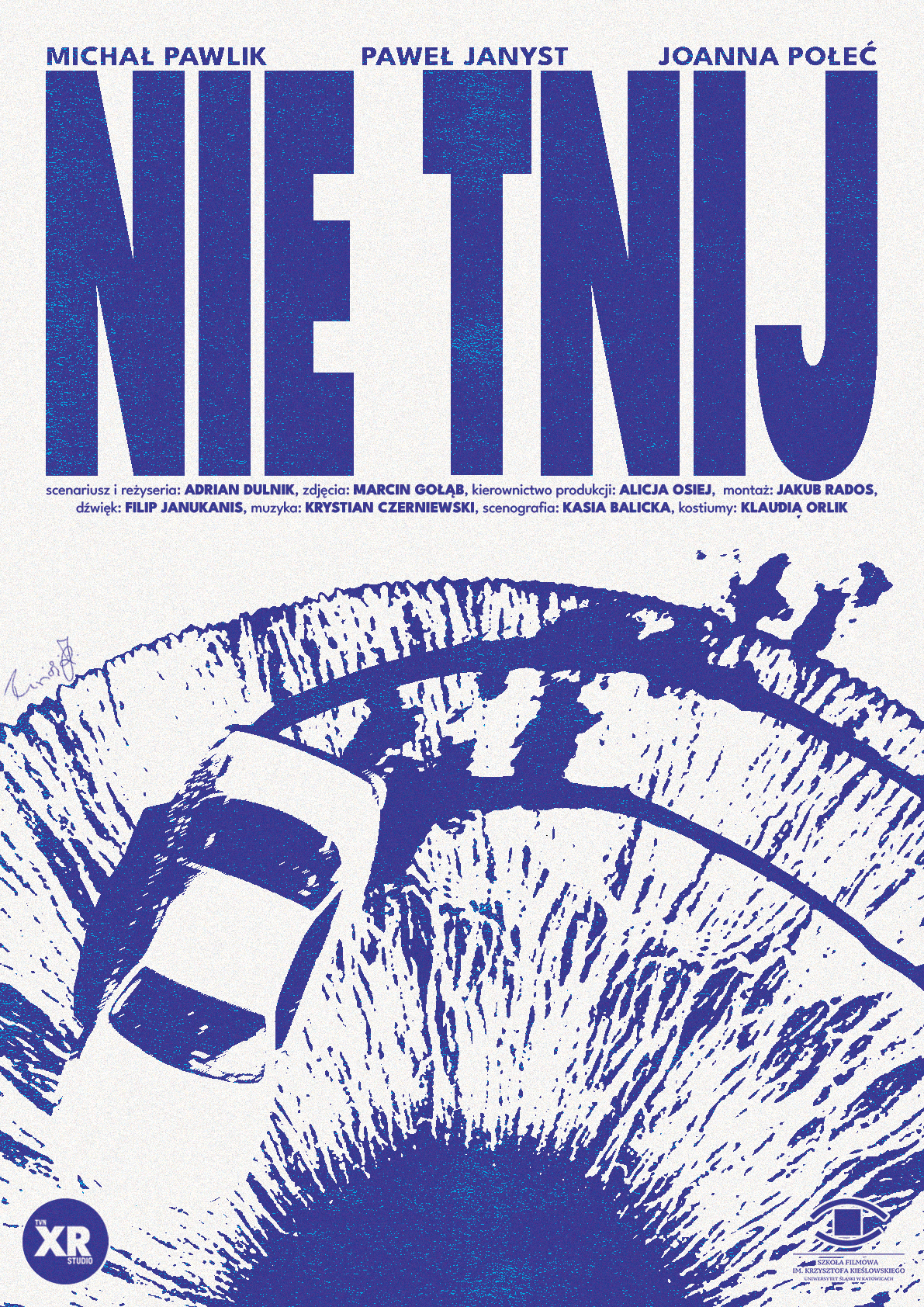 Poster with the names of three actors at the top and a large stylized eye illustration in the lower half. The text includes credits for a film or theater production.
