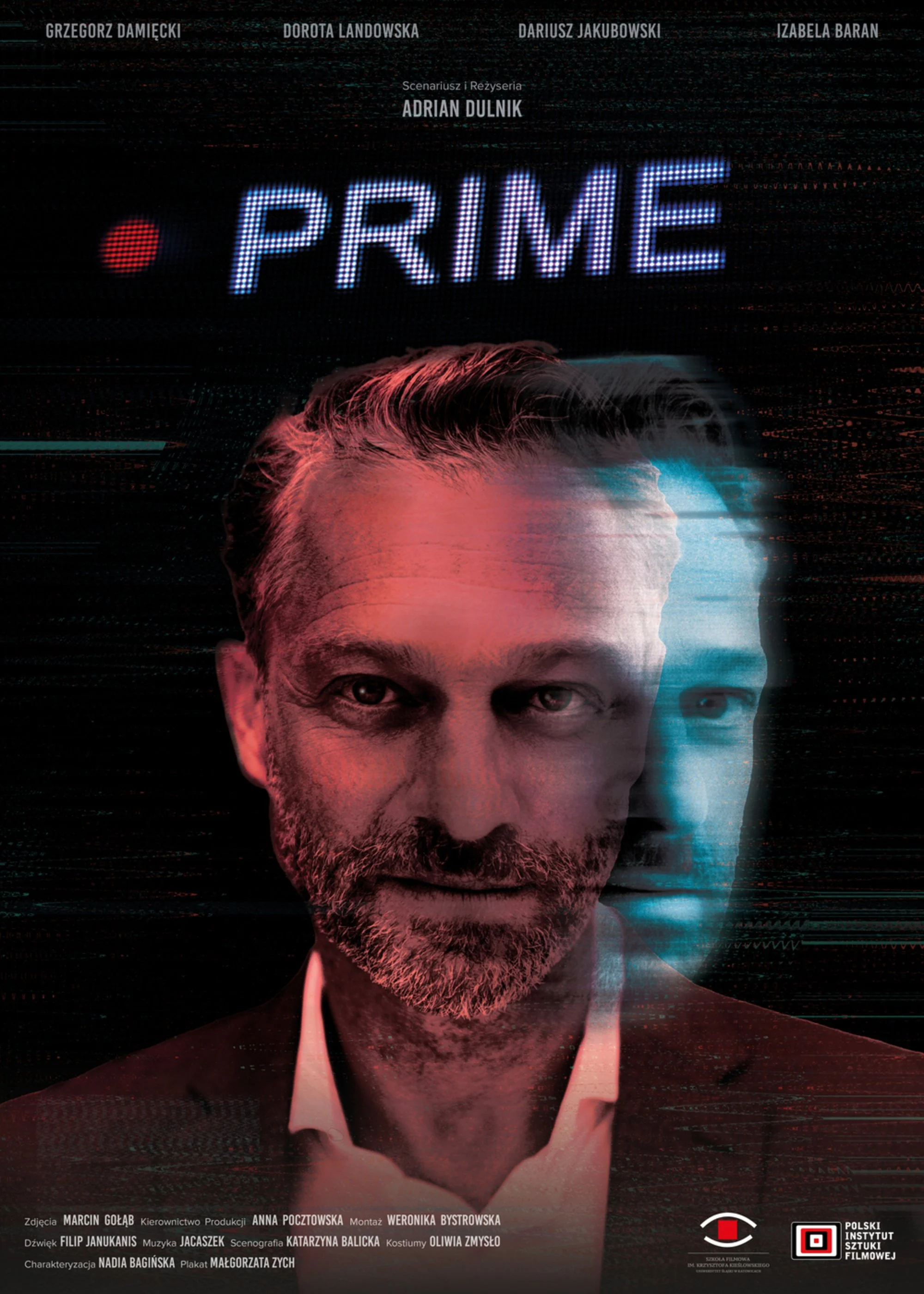 Digital poster with a portrait of a man with a beard and gray hair, looking directly at the camera. The background is black with a digital glitch effect. The text includes titles and credits in Polish, with the prominent word 'PRIME' illuminated in neon style at the top center. Additional text lists names of cast and crew members, film production details, and logos of the Polish Film Institute and other organizations.