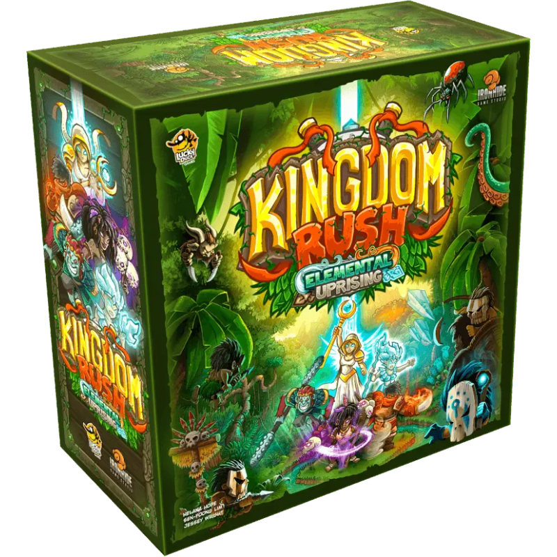 A colorful board game box titled 'Kingdom Rush: Elemental Uprising,' featuring fantasy characters like a wizard, fighters, and mythical creatures set in a jungle environment.