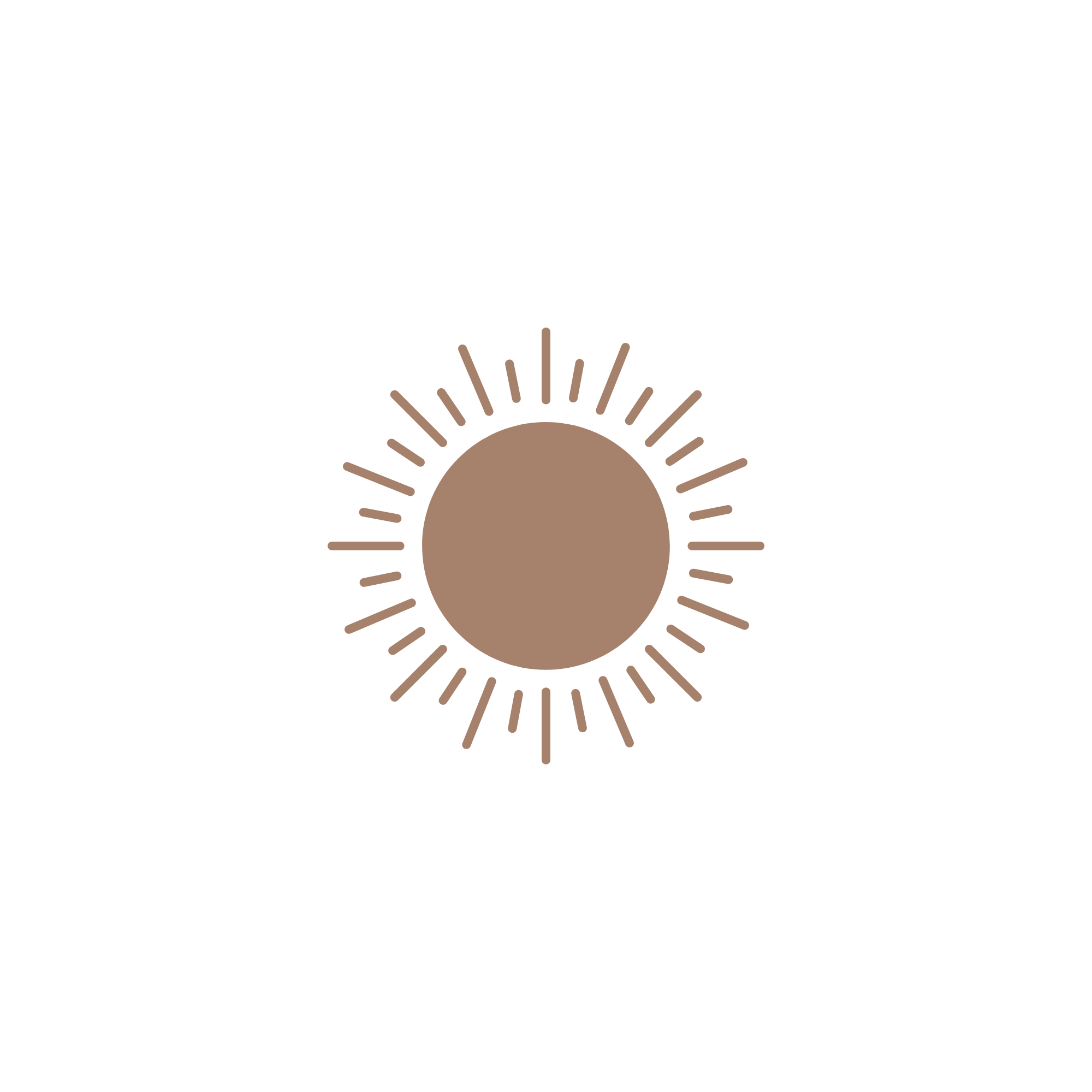 Stylized sun illustration with a brown circle and radiating lines.