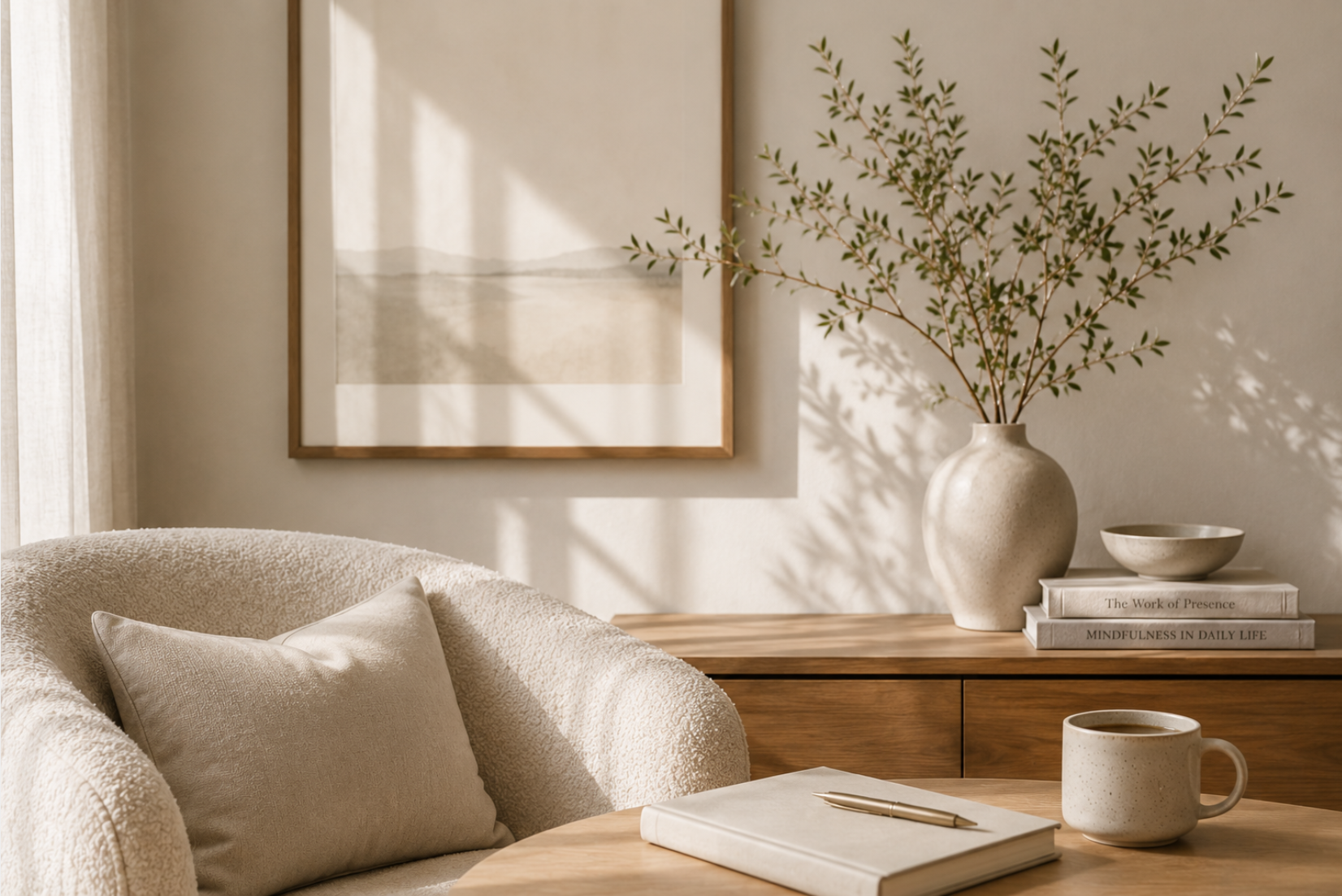 A cozy living room corner with a cream textured armchair, a beige pillow, a wooden table with a white notebook and pen, a ceramic mug, and a wooden sideboard with a white vase holding green leafy branches, a small bowl, and three books titled "The Work of Presence," "MINDFULNESS IN DAILY LIFE," and an unidentified third title. There is a framed minimalist landscape artwork hanging on the wall, and soft natural light is casting shadows on the wall.