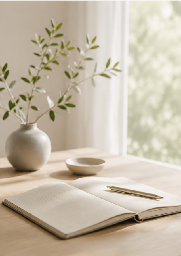 An open notebook with a pen resting on it, a small bowl, and a vase with green leafy branches on a wooden table near a window with sunlight.