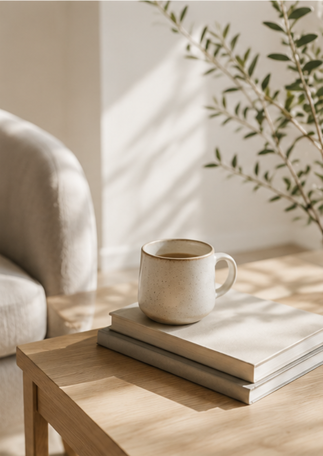 A beige ceramic mug filled with coffee or tea on top of two closed books on a light wooden table, with natural sunlight and shadows from a plant in the background.