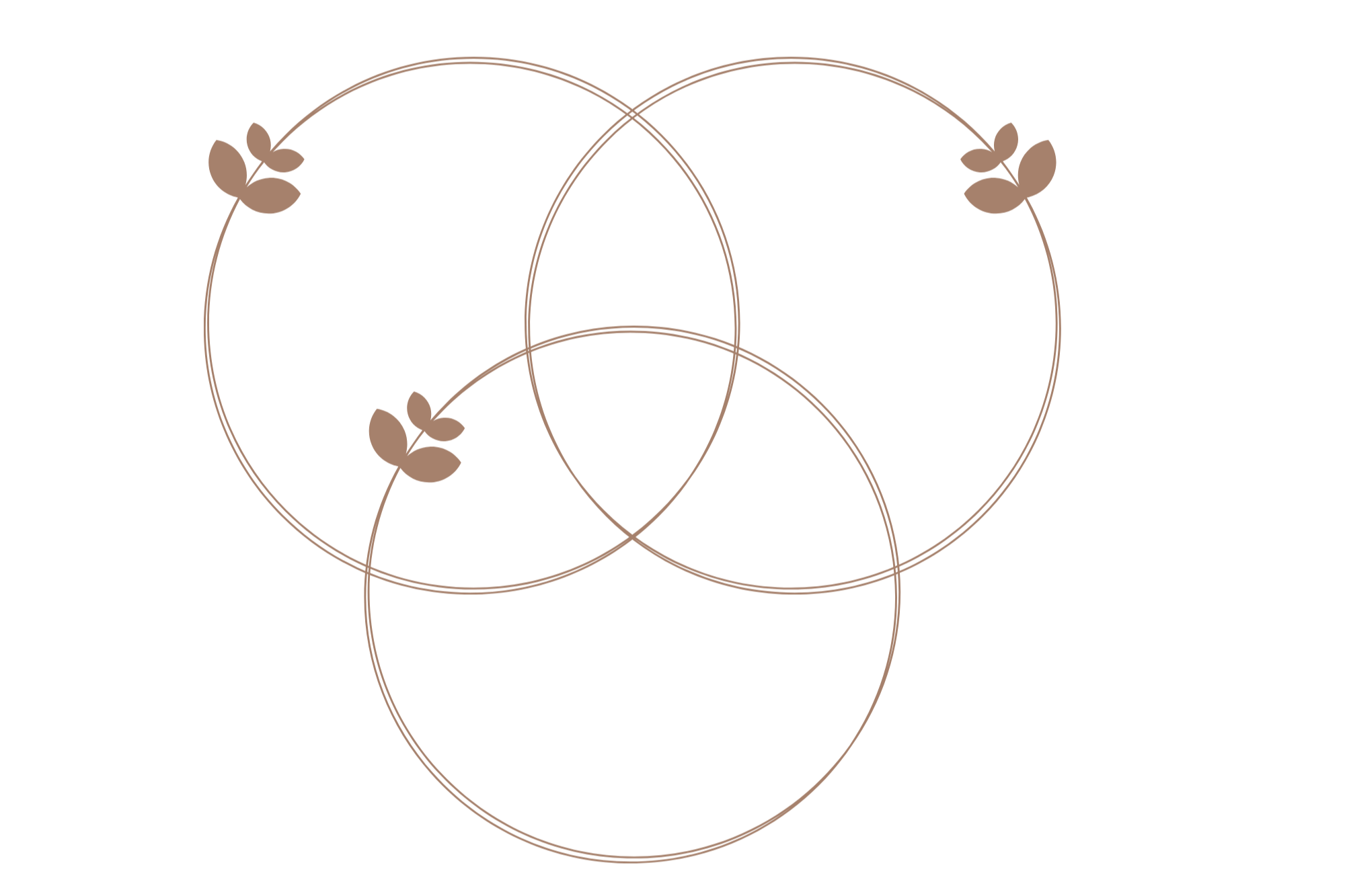 A minimalist illustration of three overlapping circles with leaf accents, forming a Venn diagram in a soft brown color.