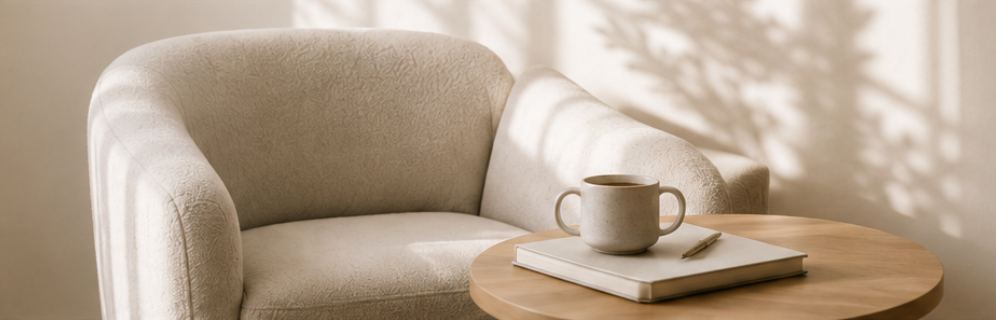 A cozy beige armchair with a round wooden table beside it, holding a cup, a closed book, and a pen, with shadowy sunlight falling on the wall.