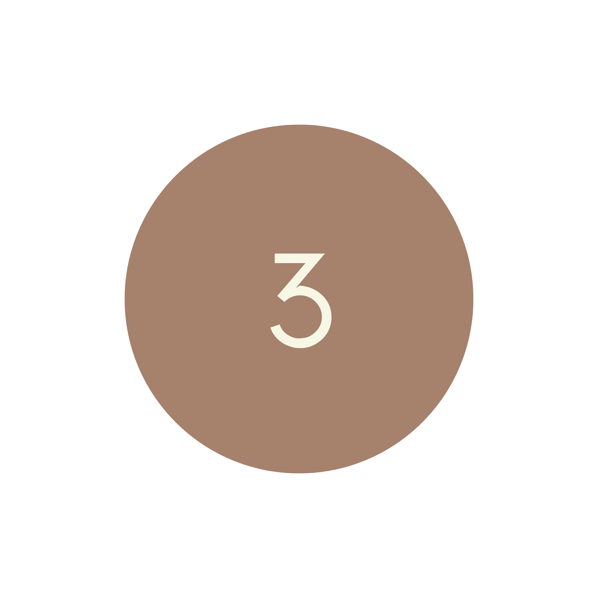 A circular brown badge with a large white number 3 in the center.