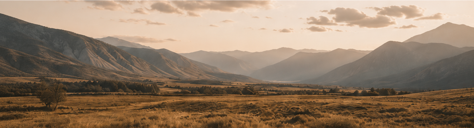 A landscape of a valley with rolling hills and mountains in the background under a partly cloudy sky during sunset or sunrise.