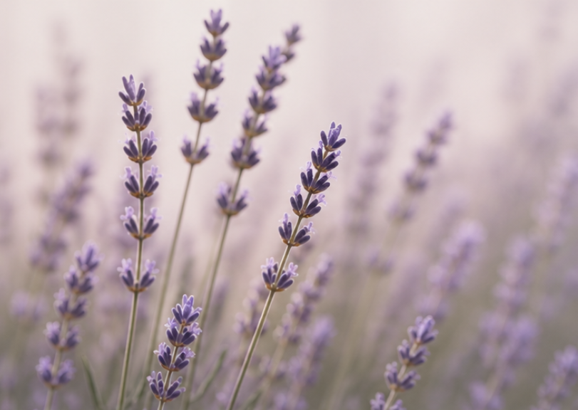 Close-up of lavender flowers with purple petals and green stems, with a blurred background.