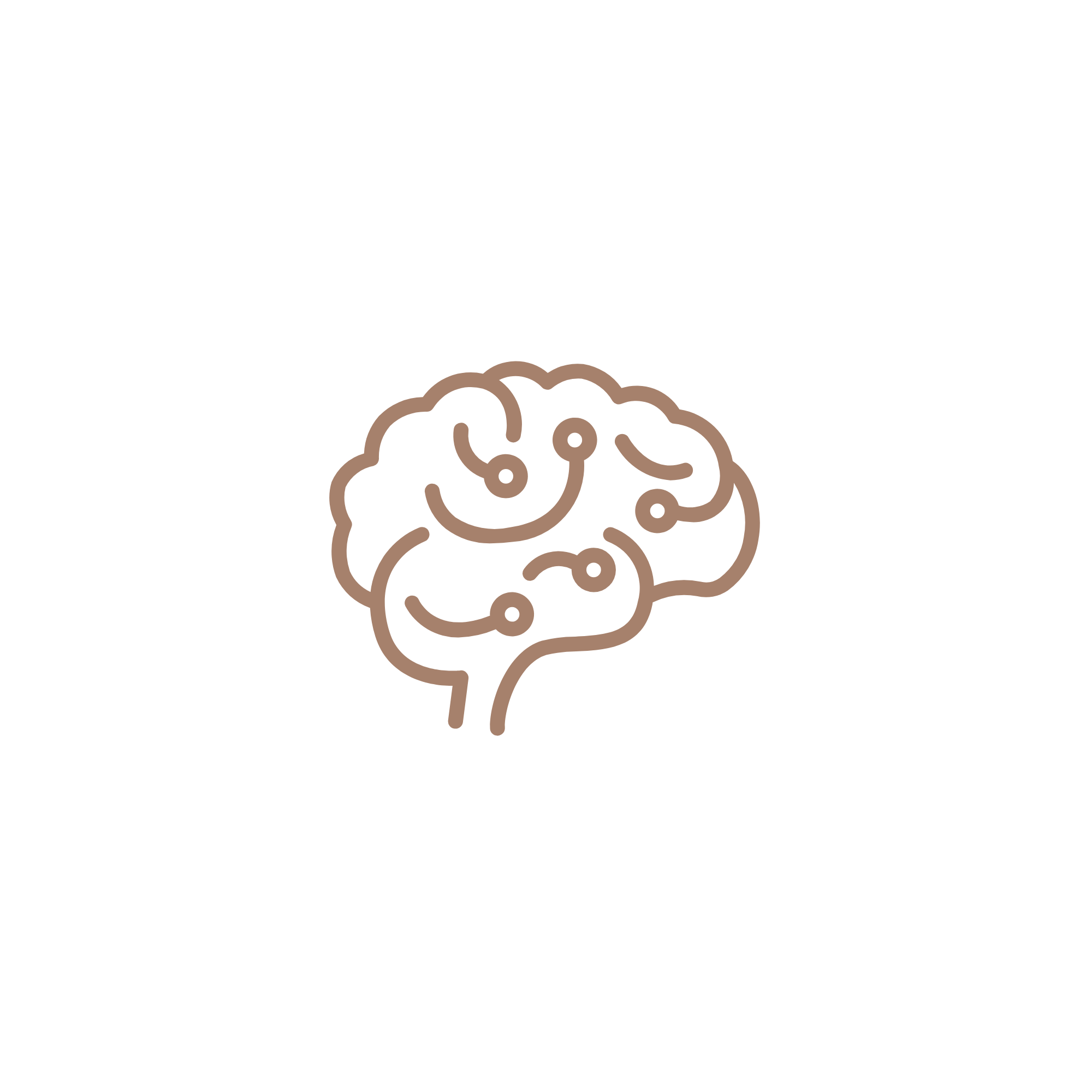 A line drawing of a brain with interconnected nodes forming a neural network in brown color.