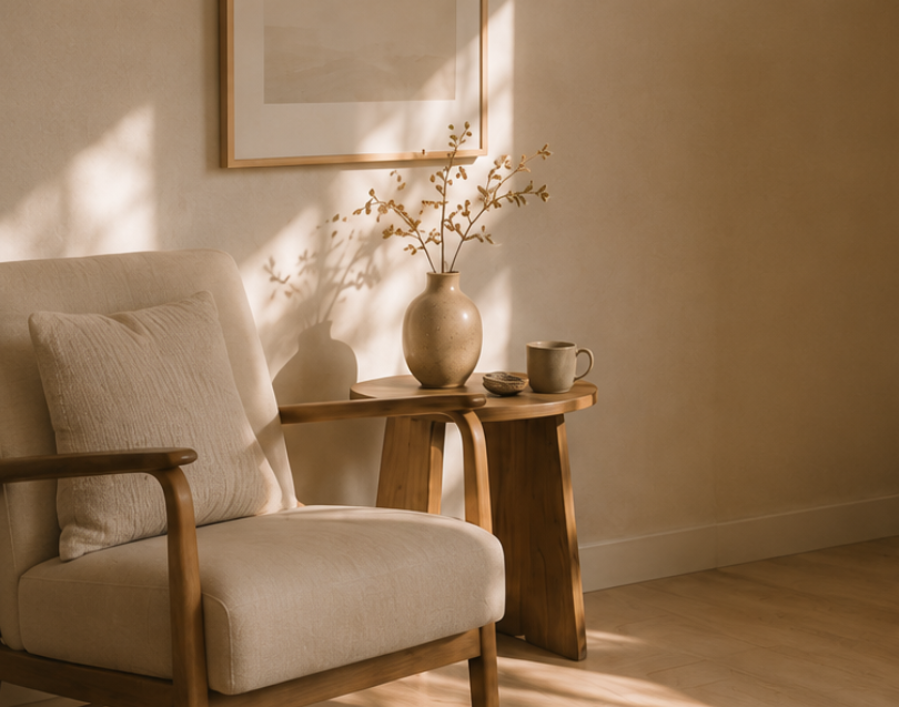 Living room with beige armchair, wooden side table with a vase, cup, and small dish, framed artwork, and sunlight casting shadows on the wall.