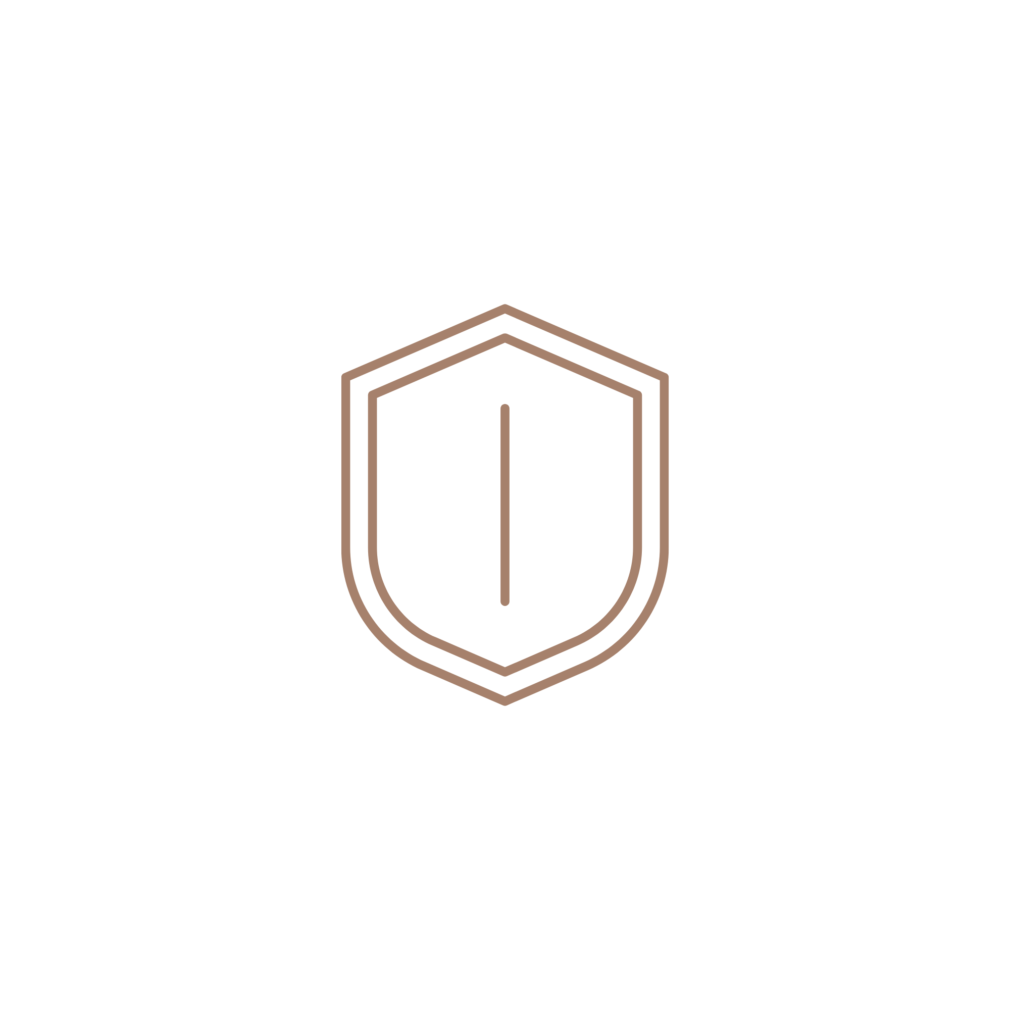 Stylized shield icon in brown.