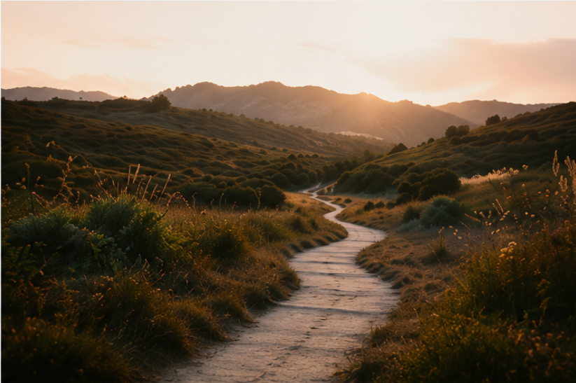A winding dirt path through a hilly, grassy landscape at sunset with mountains in the distance.