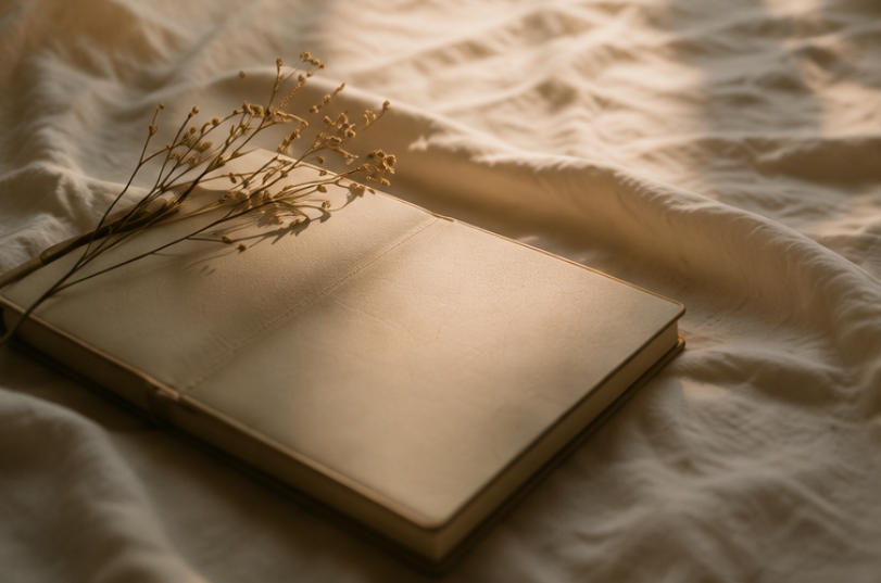 Open blank notebook with a sprig of dried flowers resting on top, on a soft, cream-colored fabric surface.