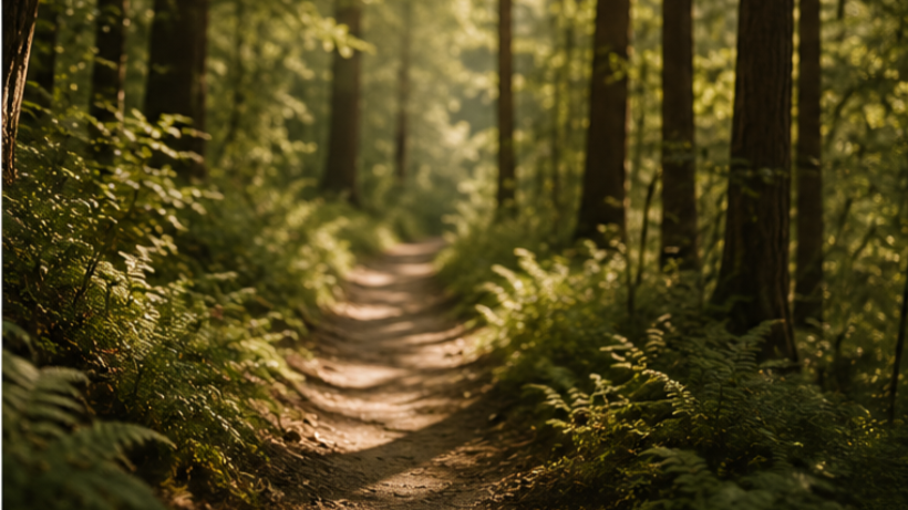 A dirt trail running through a lush, green forest with tall trees and sunlight filtering through the leaves.