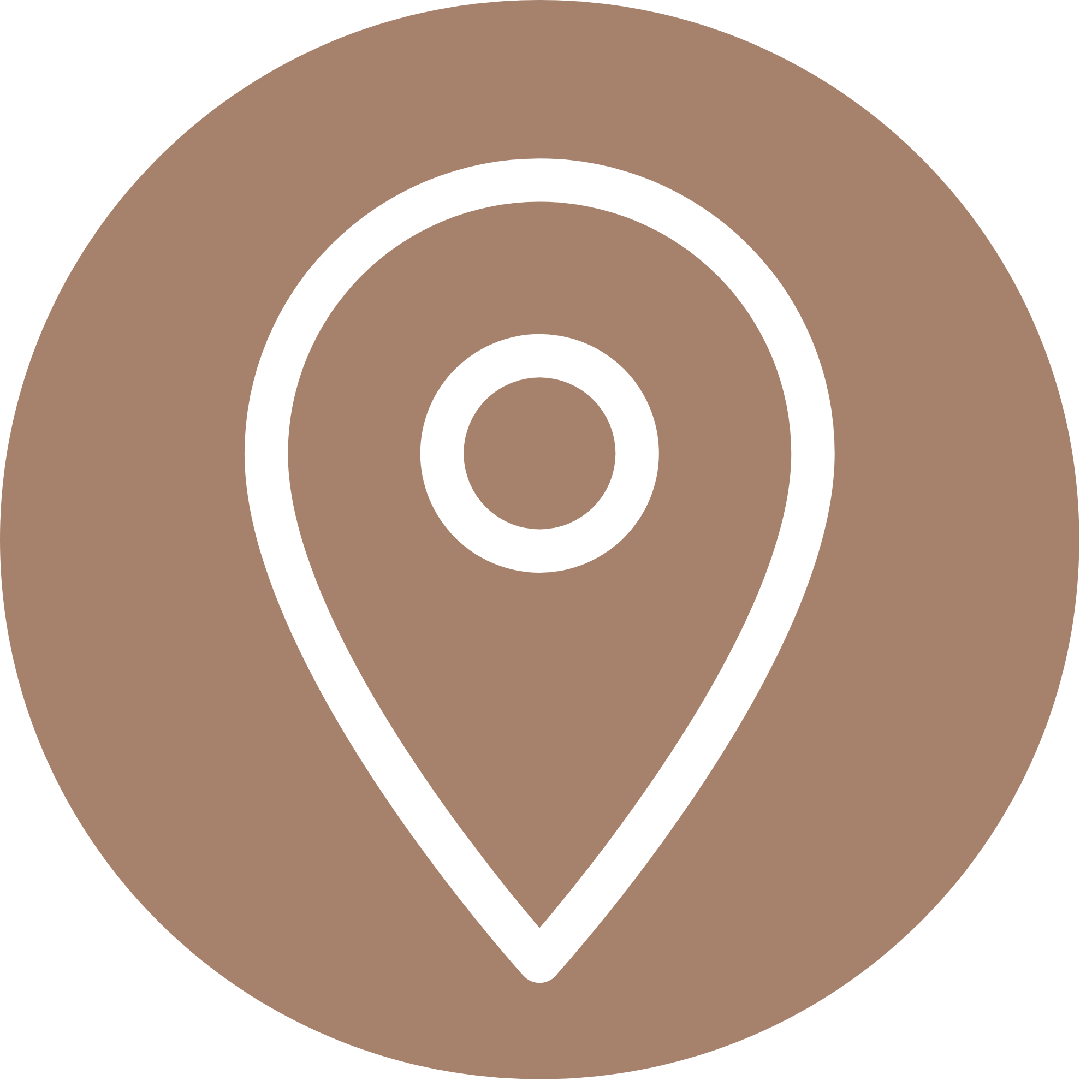 Icon of a map pin with a concentric circle pattern, in brown and white colors.