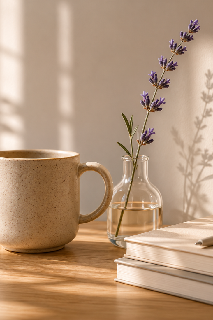 A beige mug, a small glass vase with a single sprig of purple lavender, some stacked notebooks with a pen on top, all on a wooden surface with soft natural lighting.