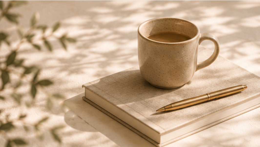 A beige ceramic mug filled with coffee placed on top of two stacked notebooks, with a gold pen resting on the notebooks, all on a light-colored surface with shadows and leaves in the background.