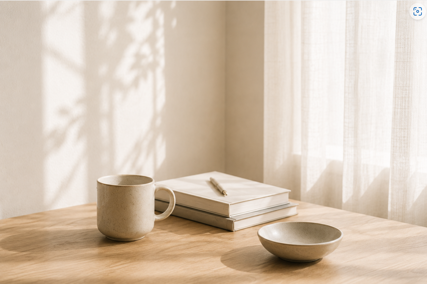 Coffee mug, open notebook with pen, and small bowl on wooden table near a window with sheer curtains, sunlight casting shadows.