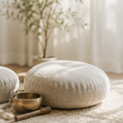 A cozy living space with a round beige meditation cushion, a brass singing bowl, a wooden mallet, and a white textured rug, with a potted plant and white curtains in the background.