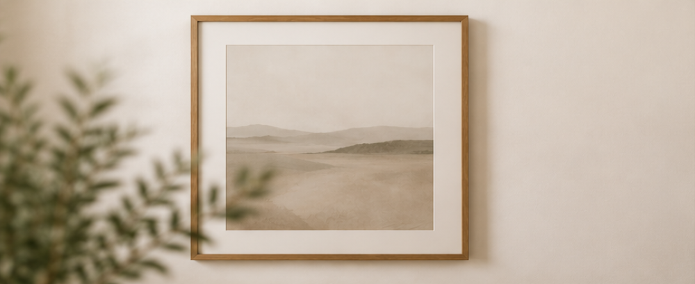 A framed art piece on a white wall depicting a sepia-toned landscape with hills and an open field.