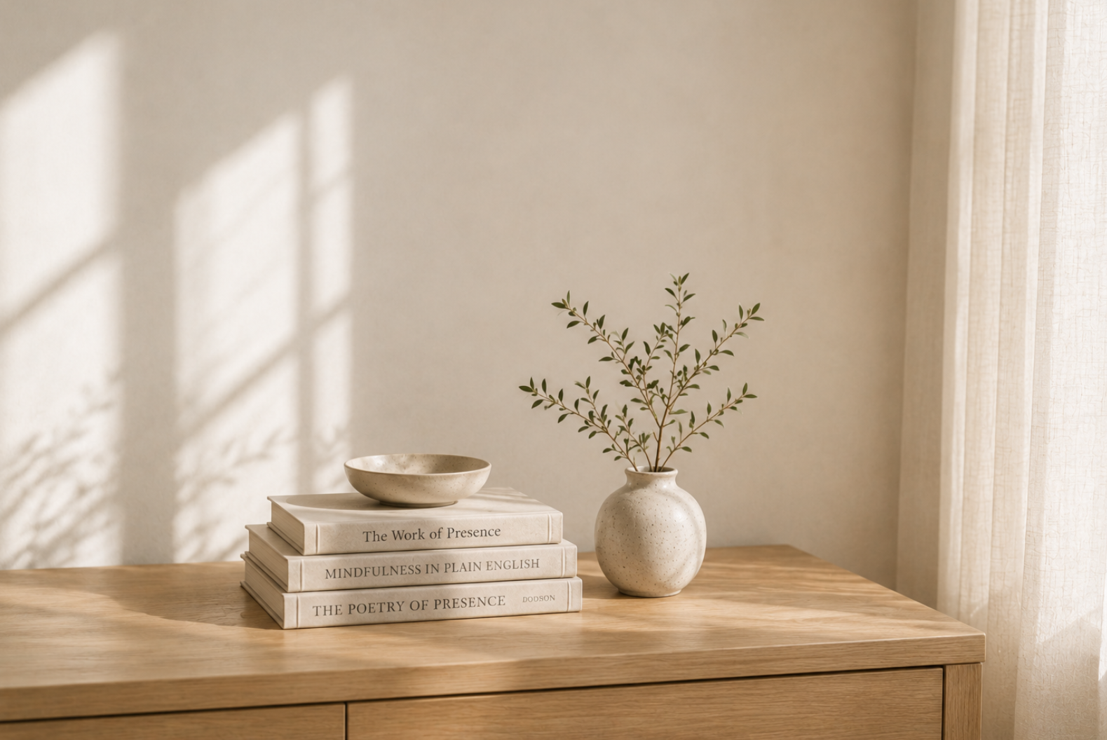 Wooden table with a stack of books, a bowl, and a ceramic vase with green foliage, set near a window with sheer curtains, casting soft shadows on a plain wall.