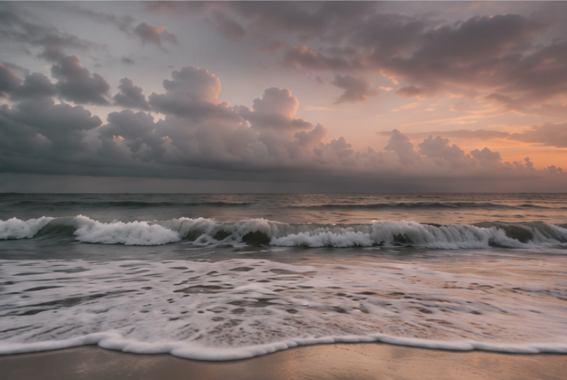 Sunset at the beach with clouds and waves.