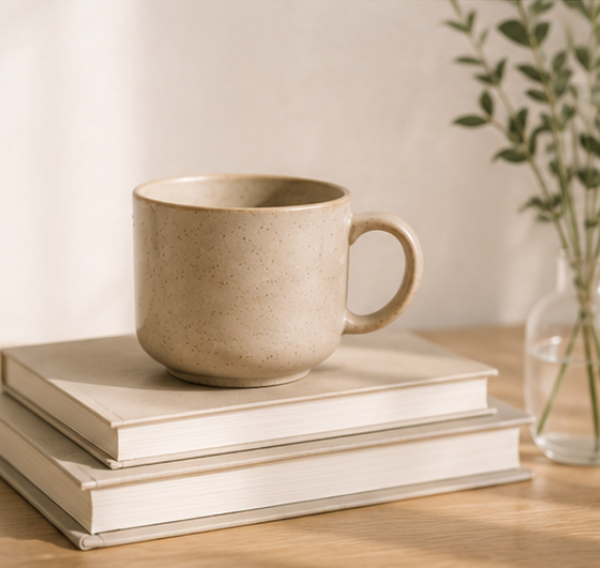 A beige ceramic mug placed on top of three stacked white books on a wooden surface, with a glass vase containing green leaves in the background.