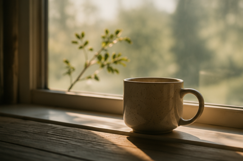 A ceramic mug on a wooden window sill with sunlight streaming in and a blurred outdoor scene in the background.