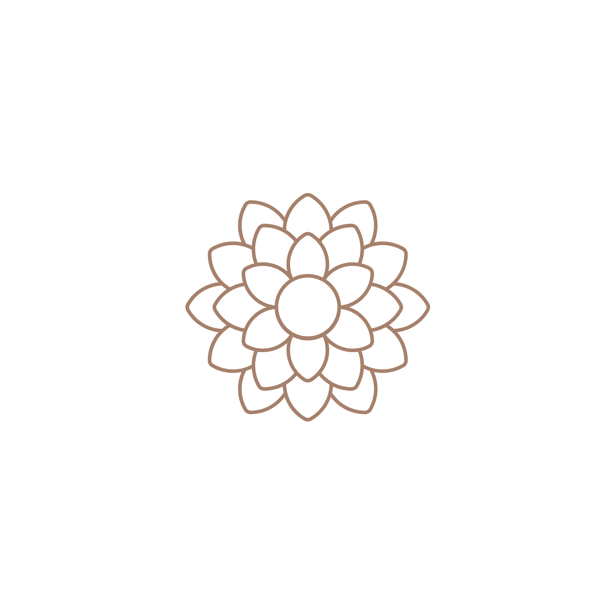 Simple line drawing of a flower in brown shaped like a mandala.