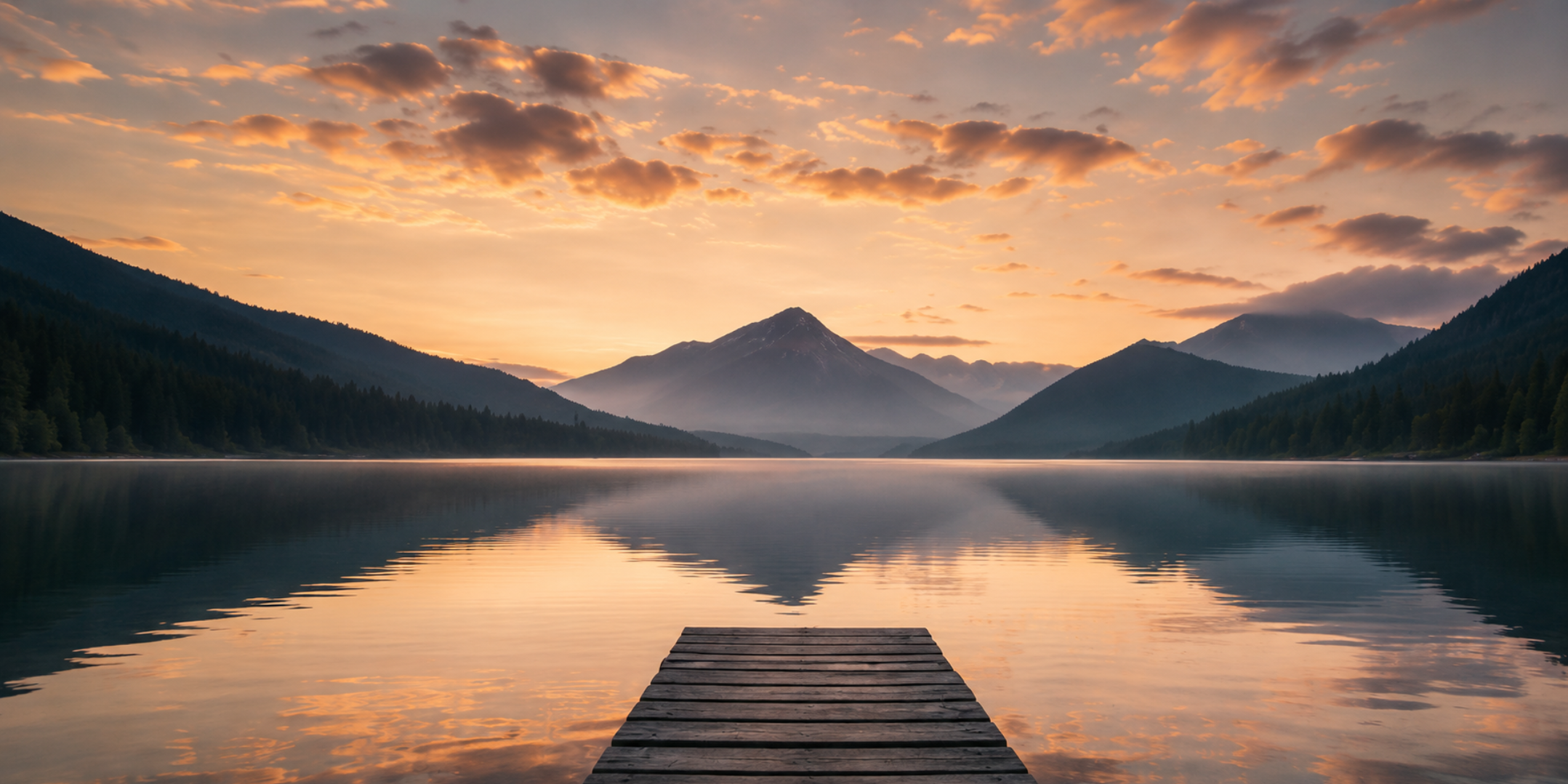 A tranquil lake reflecting mountains and a colorful sunset with orange and pink clouds.