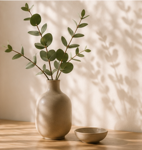 A beige ceramic vase with greenery and a small beige bowl on a wooden surface, shadowed background.