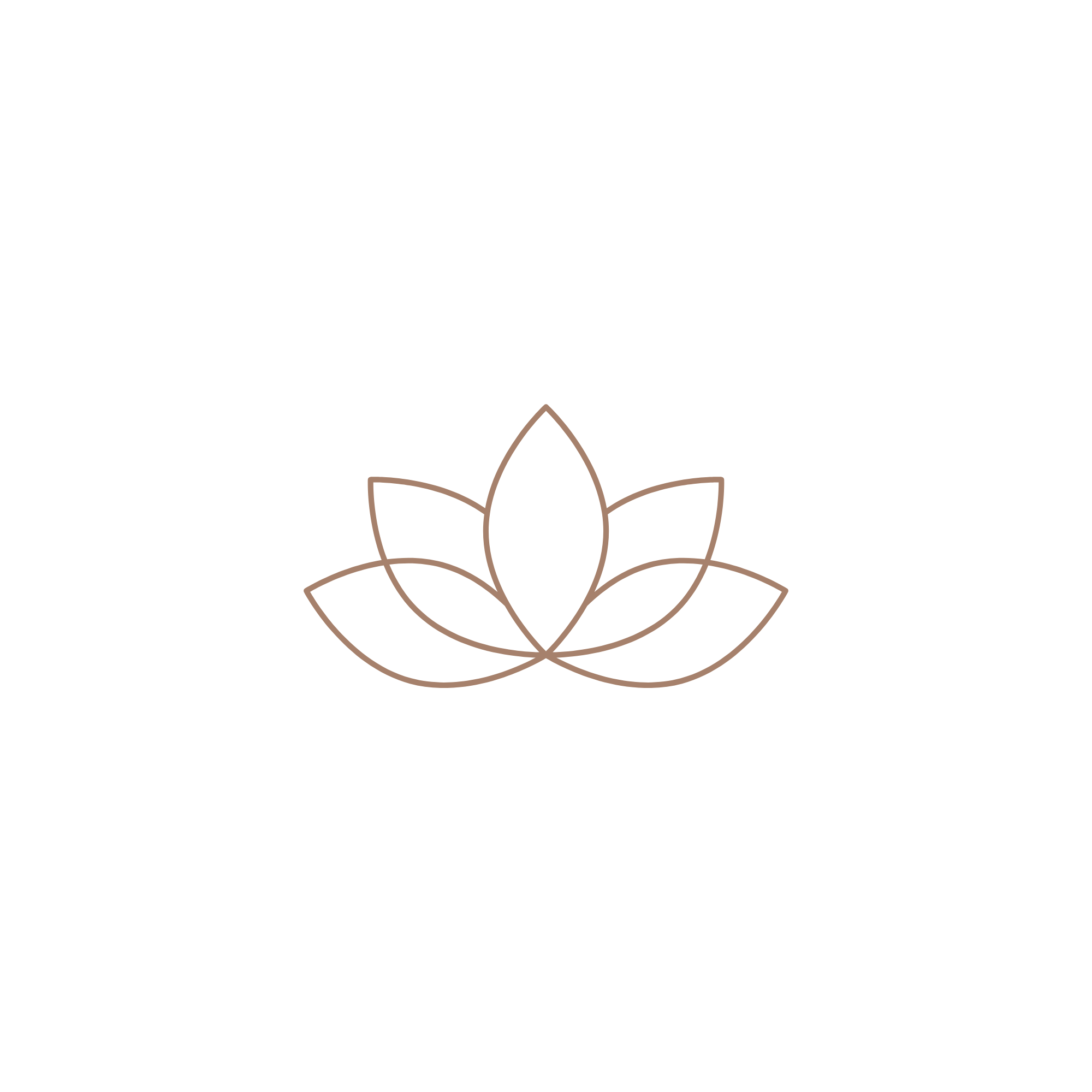 Minimalist line drawing of a lotus flower with symmetrical petals, in soft brown outline.